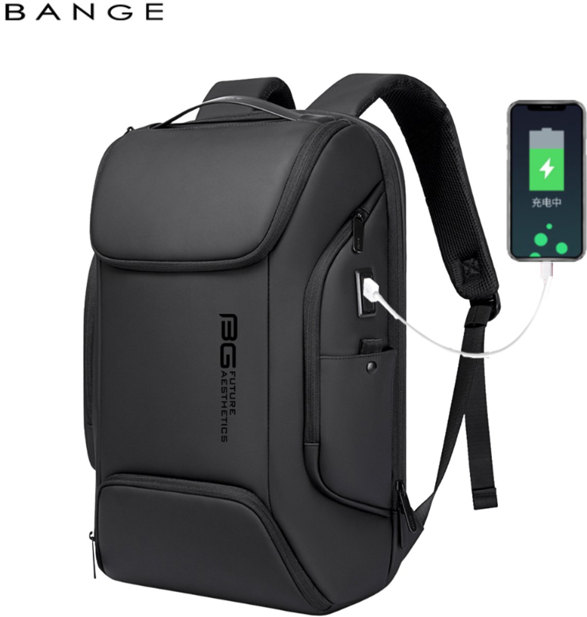 CarryQuest® - BANGE Laptop Rugzak 15.6 inch - Zakelijke Business Backpack met USB Oplaadpoort - Waterafstotende Rugtas met Laptopvak, Anti-Diefstal Vak & Organizer - Zwart