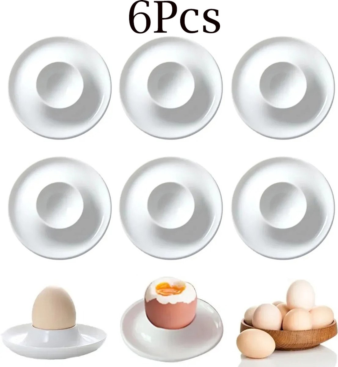 6 stuks witte eierschaaltjes, plastic eierhouders, eierdisplaystandaards, compact formaat, set voor gekookte eieren, ontbijteierstandaard, opbergrek, keukenaccessoires