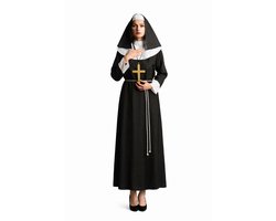 Partychimp 4-Delig Klassieke Non Tuniek/Hoofdkapje/Kruis & Touw Halloween Kostuum Dames Verkleedkleren Volwassenen Carnavalskleding Dames - Zwart- Polyester - Plastic - Maat L/XL