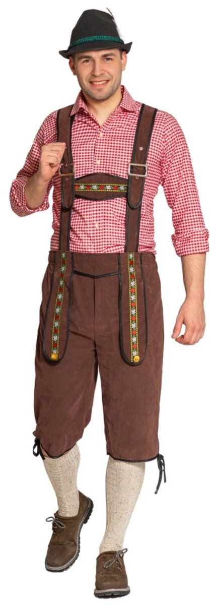 Partychimp Voordelige Lange Lederhose Man Johann met verstelbare bretels Oktoberfest Heren Lederhosen Man Carnavalskleding Heren Carnaval - Polyester - Donkerbruin - Maat 3XL