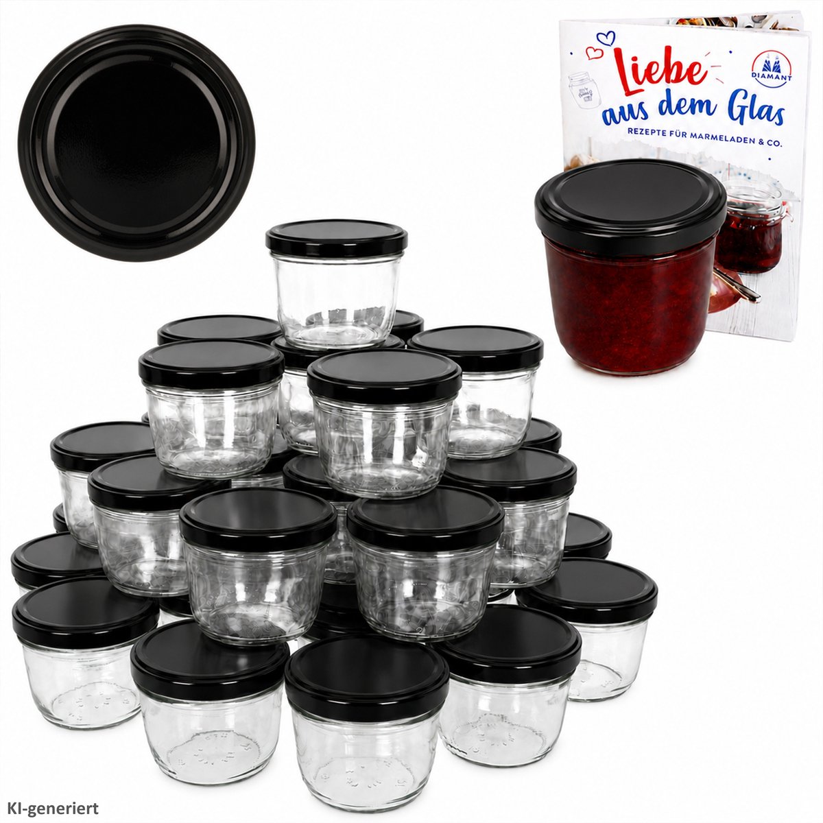 Set van 100 bekers 230 ml jampot inmaakpot Inmaakpot Naar 82 zwart deksel incl. Diamant-Zucker Gelierzauber receptenboekje