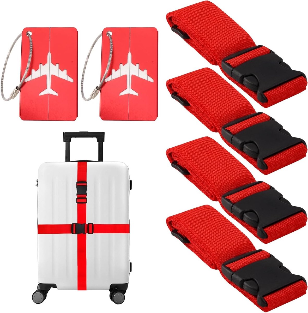 Verstelbare Kofferbanden Set van 4, Ideaal voor Snelle Identificatie van Bagage, Robuuste en Duurzame Luggage Straps in Rood