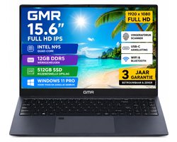 GMR 15.6 Inch Full HD Laptop | Windows 11 Pro | 12GB DDR5 RAM | 512GB SSD | Intel N95 | Vingerafdrukscanner | Direct Klaar voor Gebruik | Voor Thuiswerk, Studie, School, Internet, Teams, Zoom & Kantoor