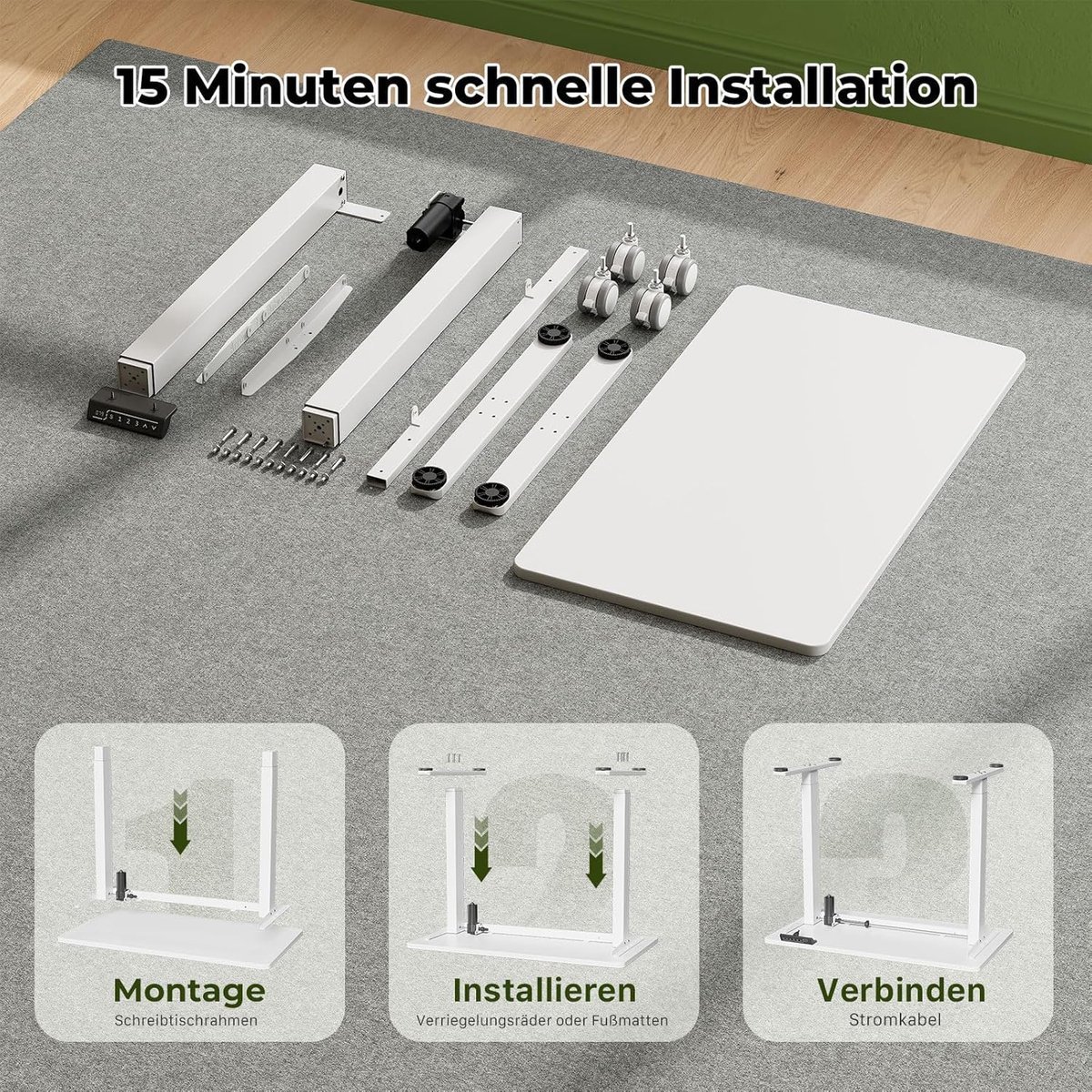 FlexDesk Pro Elektrisch Zit-Sta Bureau 88 x 50 cm – Hoogte Verstelbaar Bureau 72-118 cm, Compact Computerbureau met Geheugenfunctie, Tafelblad uit Één Stuk, Verrijdbaar met 4 Vergrendelbare Wielen, Wit