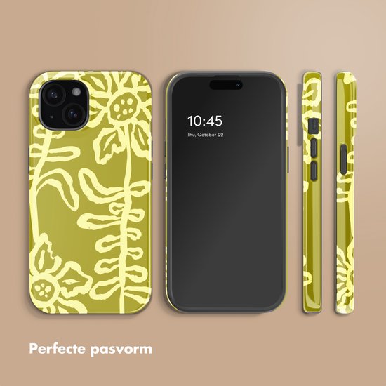 Lichtgroene hoes met geel bloemenpatroon, telefoon en zijprofiel.