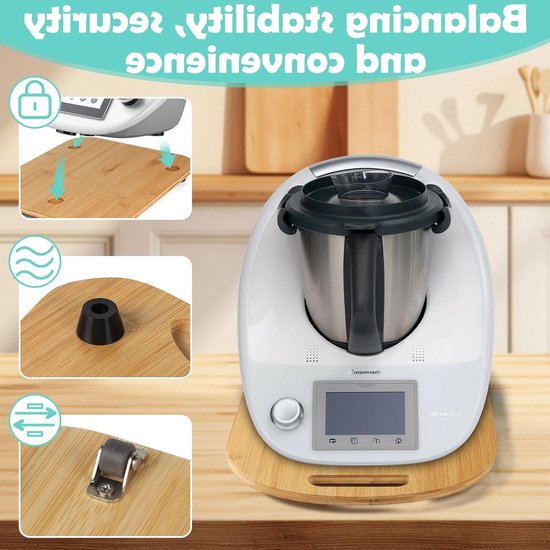 Sliding board voor Thermomix TM6 en TM5, 36 x 28 x 1 cm, accessoires van bamboe met wielen en rubberen mat voor optimale keukenfunctionaliteit — afbeelding 2