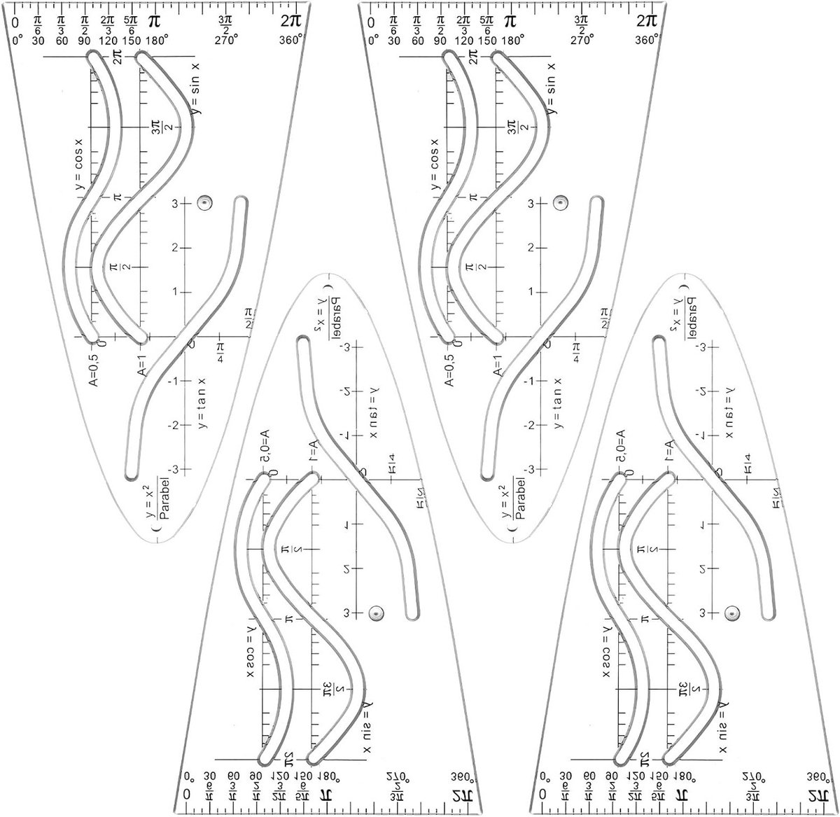 4x Parabola Sjabloon Wiskunde | Sinus/Cosinus/Tangens Tekenmal voor Precisie Grafieken