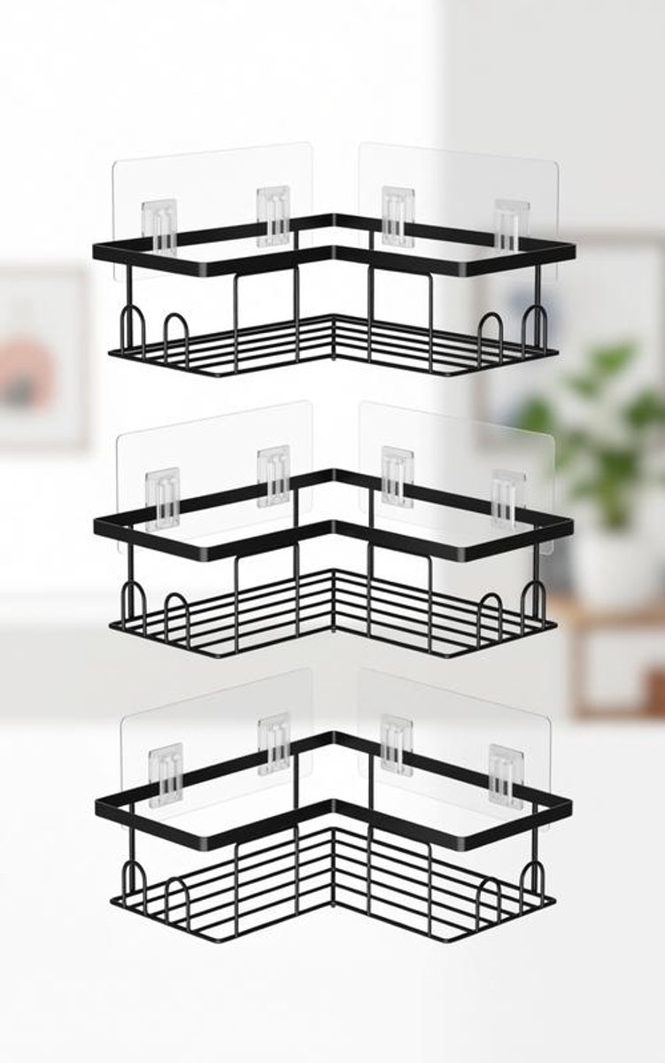 ElleMooi 3 Stuks Hoekdouche Caddy Zwart - Zelfklevend Doucherek zonder Boren - Badkamer Opslag met 12 Haken - 21,5 x 11 x 6 cm