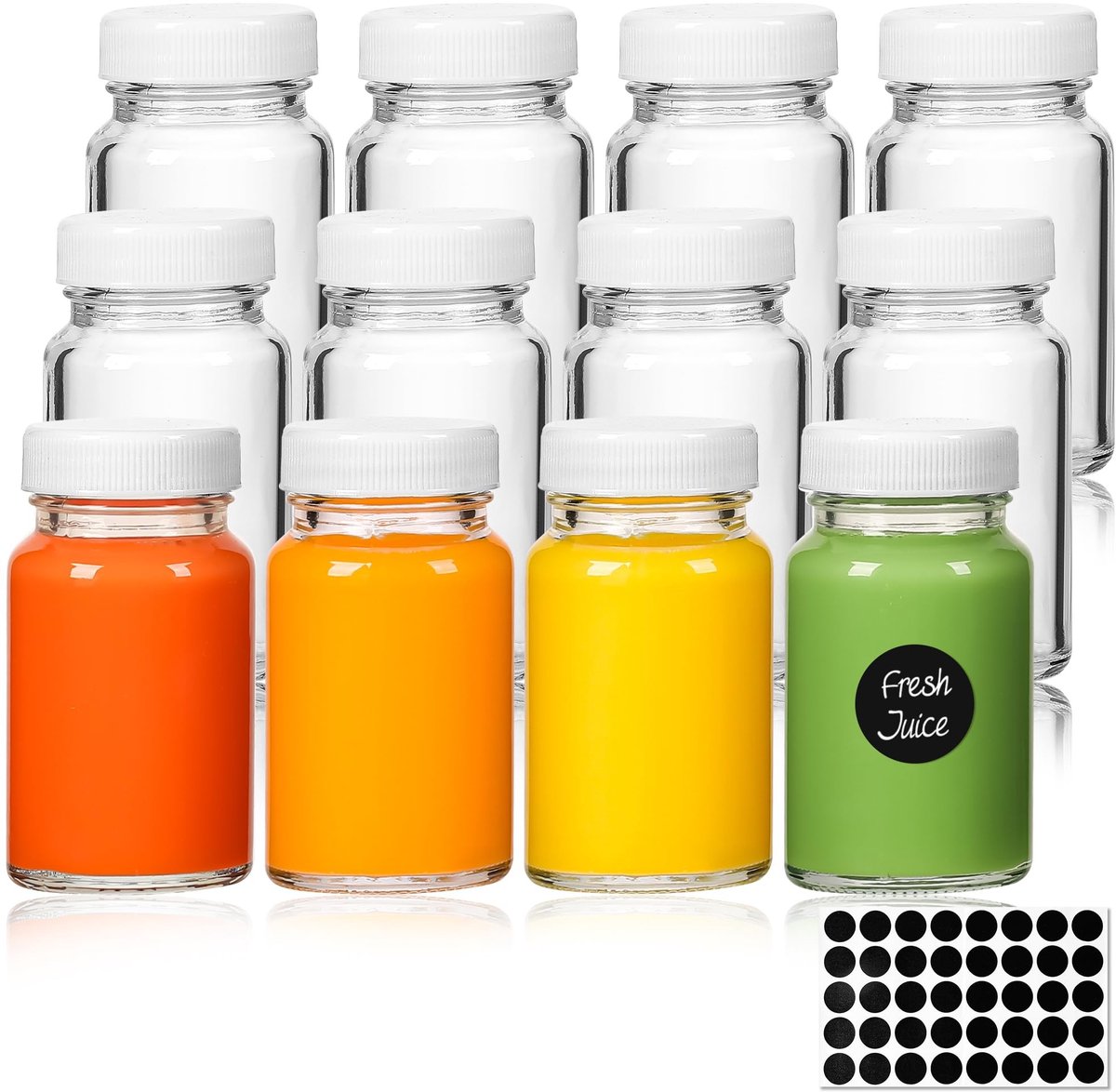 Dailygoods- Shotflessen 12 stuks - Glazen mini-flessen 60 ml - Kleine borrelflessen - Flessen met deksel - Mini-flesjes voor oliën - Etiketten inbegrepen