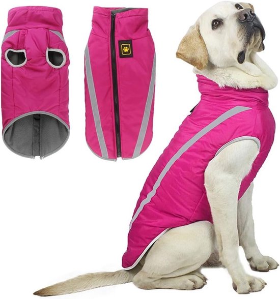 Roze winterjas voor honden met reflecterende strepen en ritssluiting, met grijze voering.
