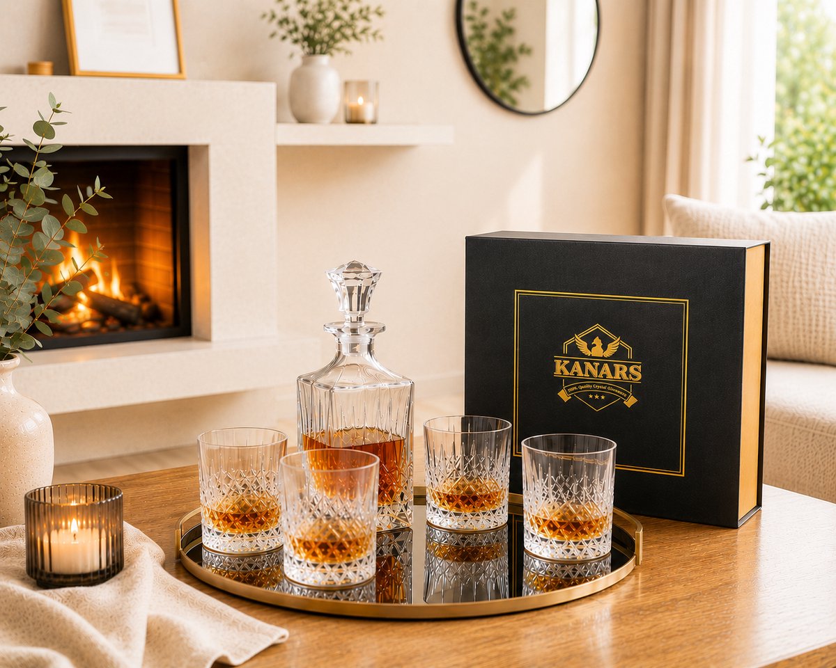 Cadeauset KANARS Whisky Glazen en Karaf Set, 550 ml Kristallen Whiskykaraf met 4x300 ml Glas, Loodvrije kristallen Glazen, Set van 5 Stuks