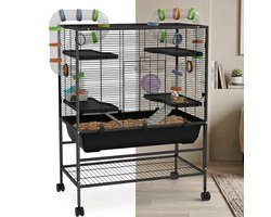 Hamsterkooi - Cavia kooi - Rattenkooi - Huisje - 3 Niveaus - Verwijderbare Lade - Met Voederstation - Zaag - Loopplank - Hutten - Staal - 109 x 82 x 46 cm - Zwart