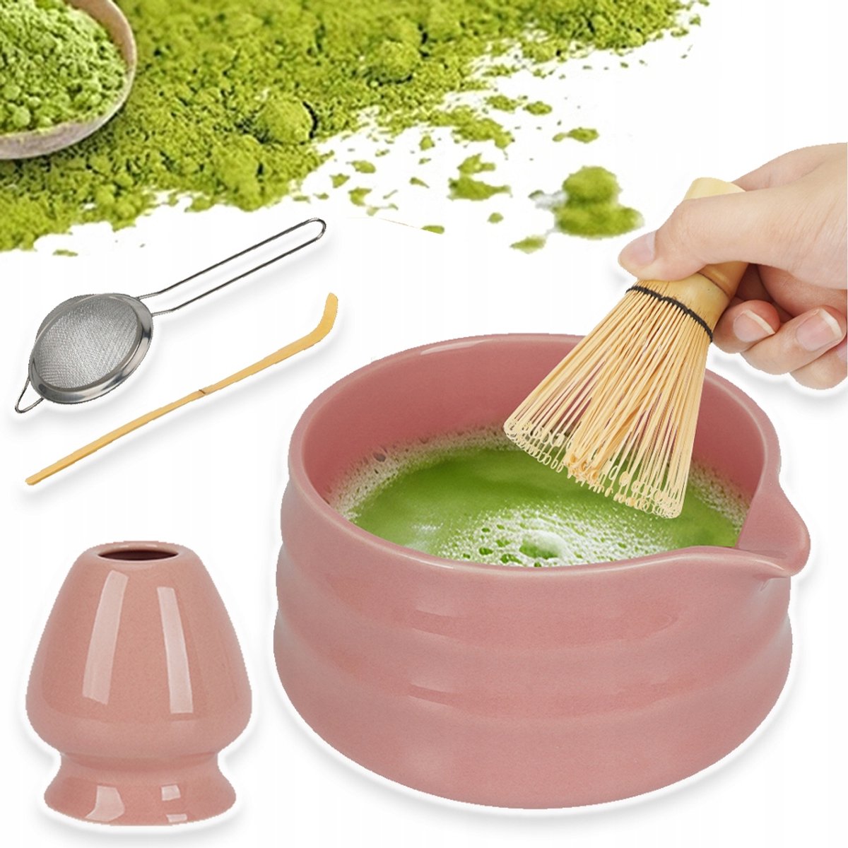 Matcha Set Roze - Matcha Theeset 5-Delige Matcha Bezemset - Matcha Borstel Matcha Kom Matcha Filterzeef Chasen En Matcha Lepel - Matcha Accessoires Voor Theeceremonie