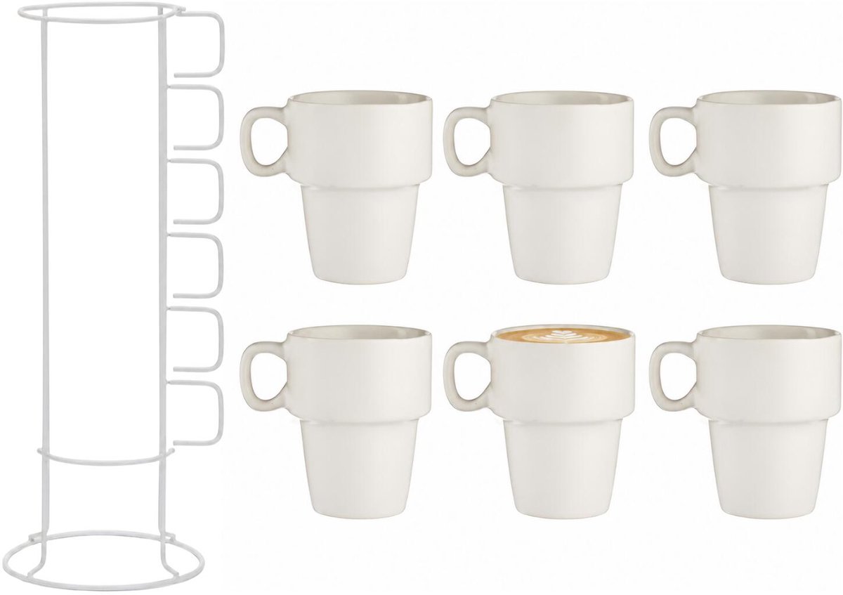 Vessia Design koffie mokken / bekers in rekje - met oor - 6x stuks - ivoor wit - keramiek - 360 ml - servies - witte kopjes - stapelbaar