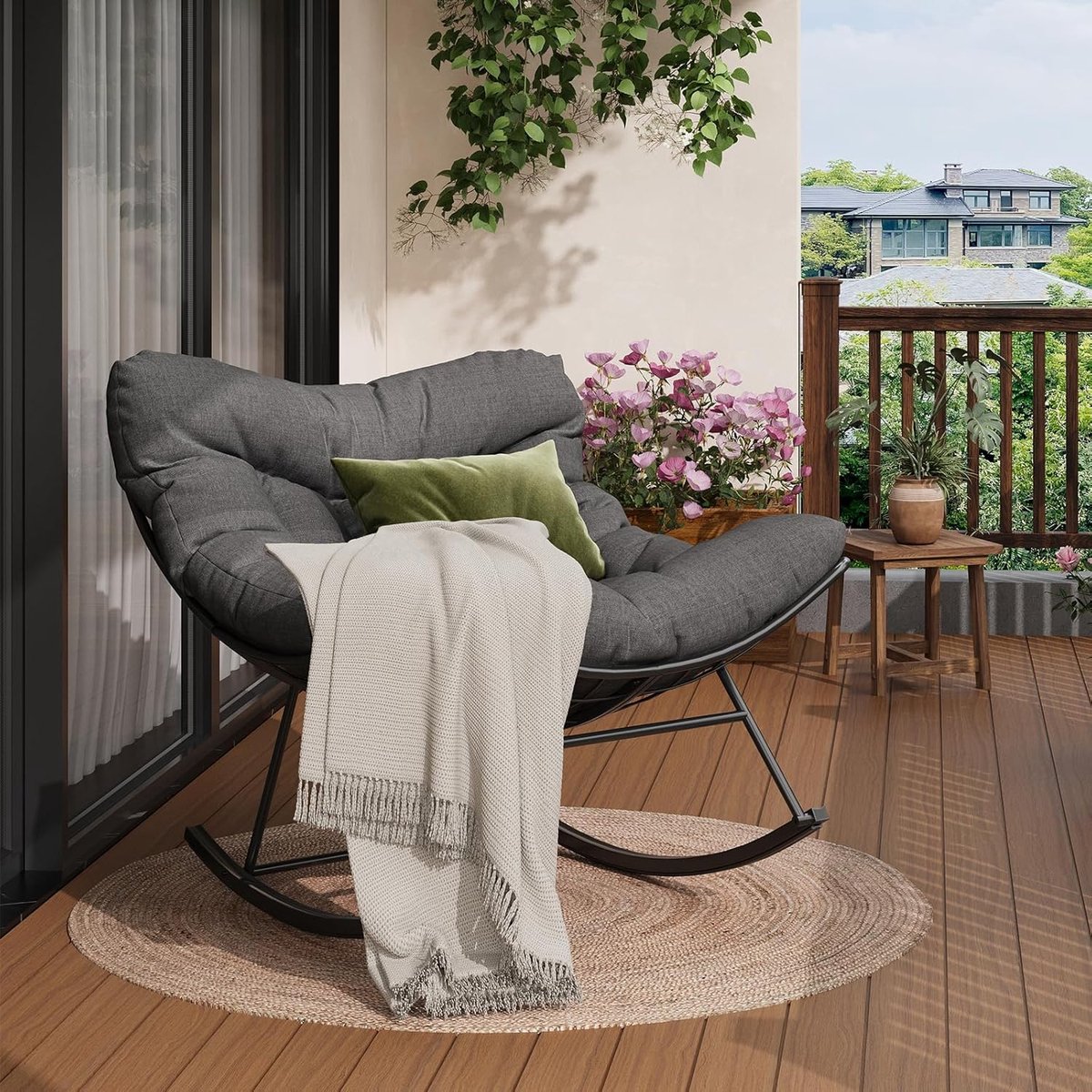 Grote Schommelstoel Met Dikke Kussen - Tuinstoel Met Metalen Frame - Loungestoel Voor Buiten - Comfortabele Relaxstoel - Weerbestendig - Robuust - Tot 180kg Draagvermogen - Grijs