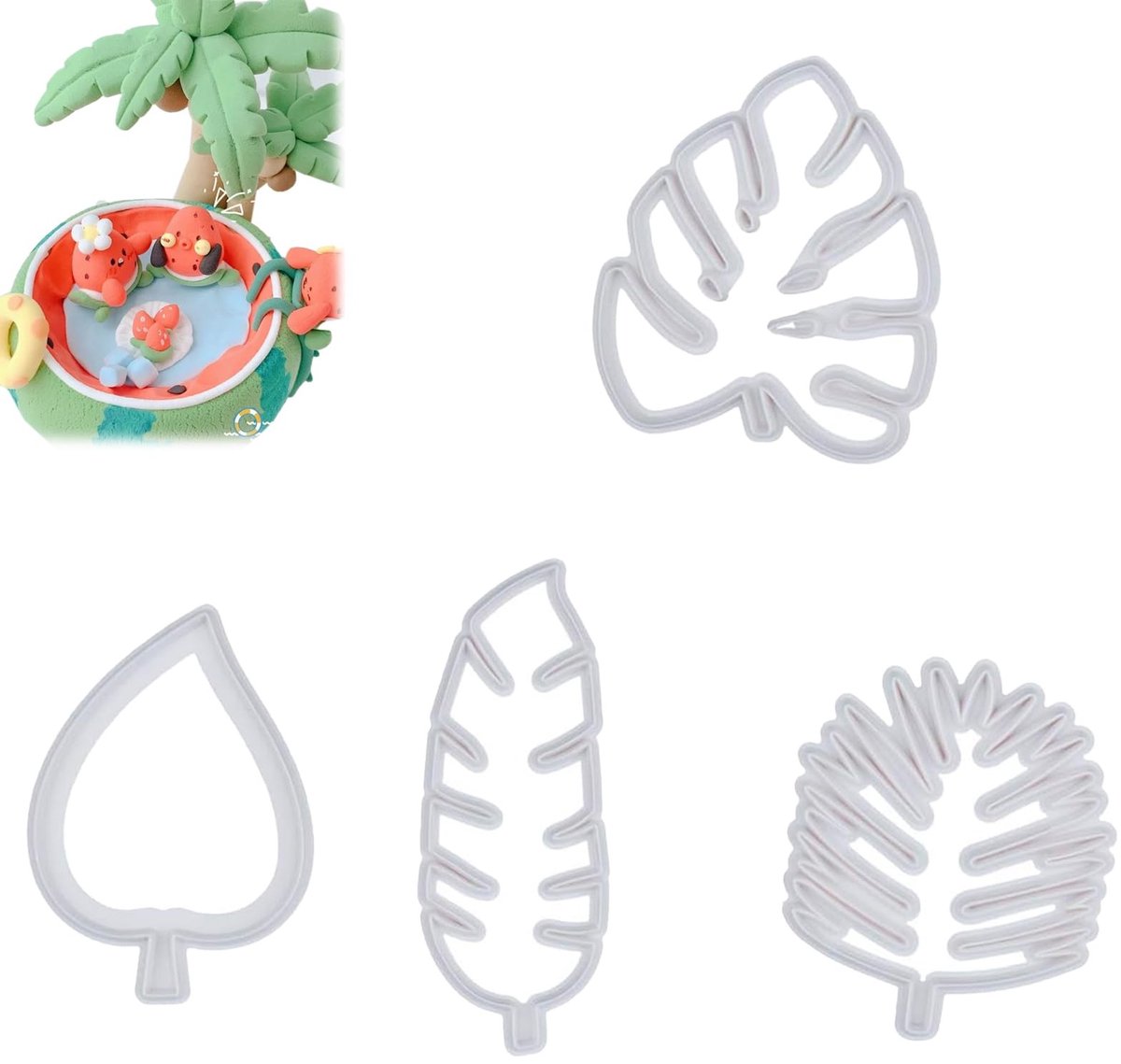 Dailygoods- Koekjesvormpjes set - 4 stuks bladvormen - Voedselveilig kunststof - Antiaanbaklaag - Herbruikbaar - Vaatwasmachinebestendig - Perfect voor tropische decoraties - Uitsteekvormpjes