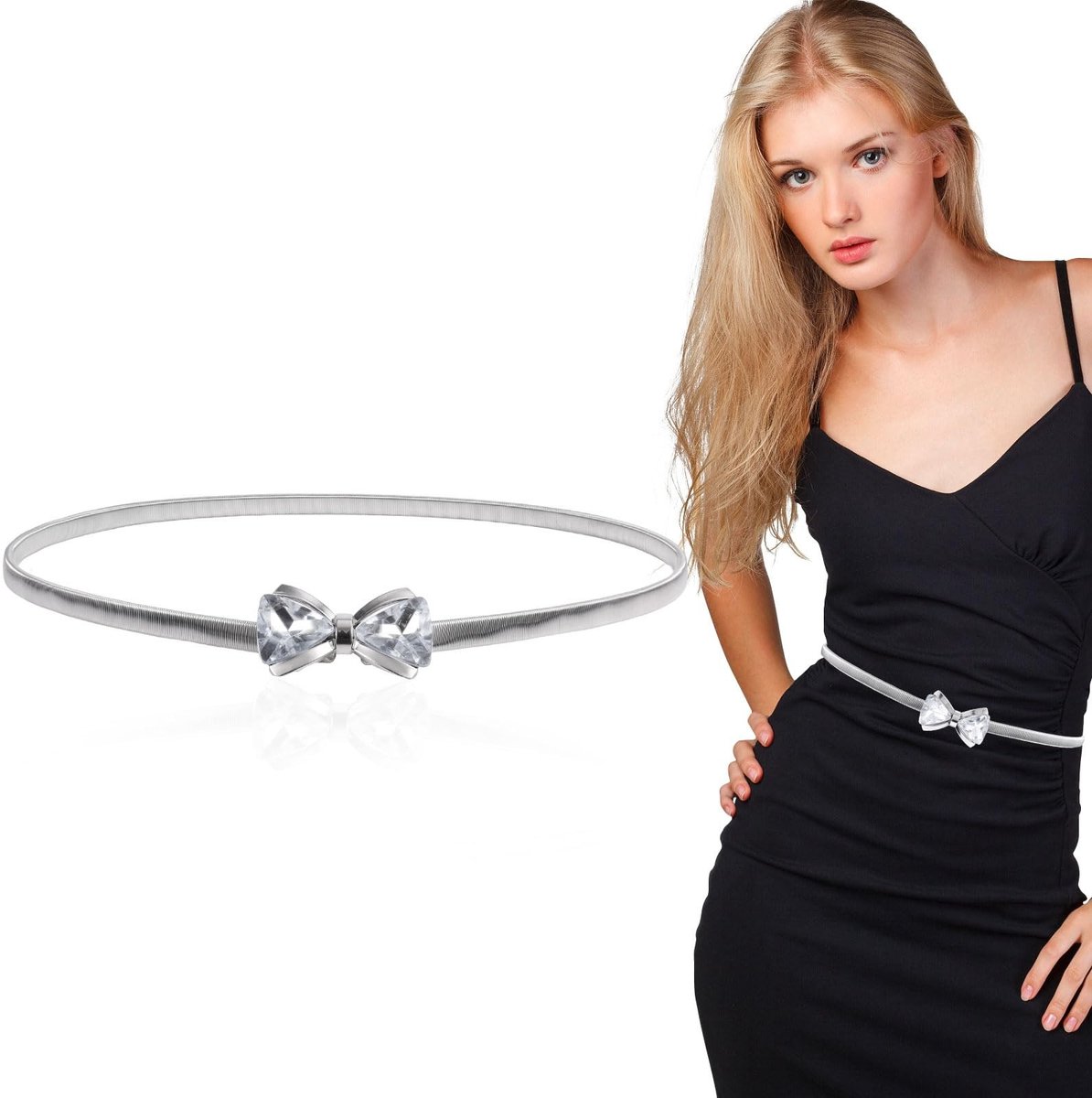 Dailygoods- Tailleriem Zilver - Metalen Tailleriem - Elastische Riem - Strass Riem - Modieuze Riem - Geschikt voor Tailleomtrek 68-108 cm