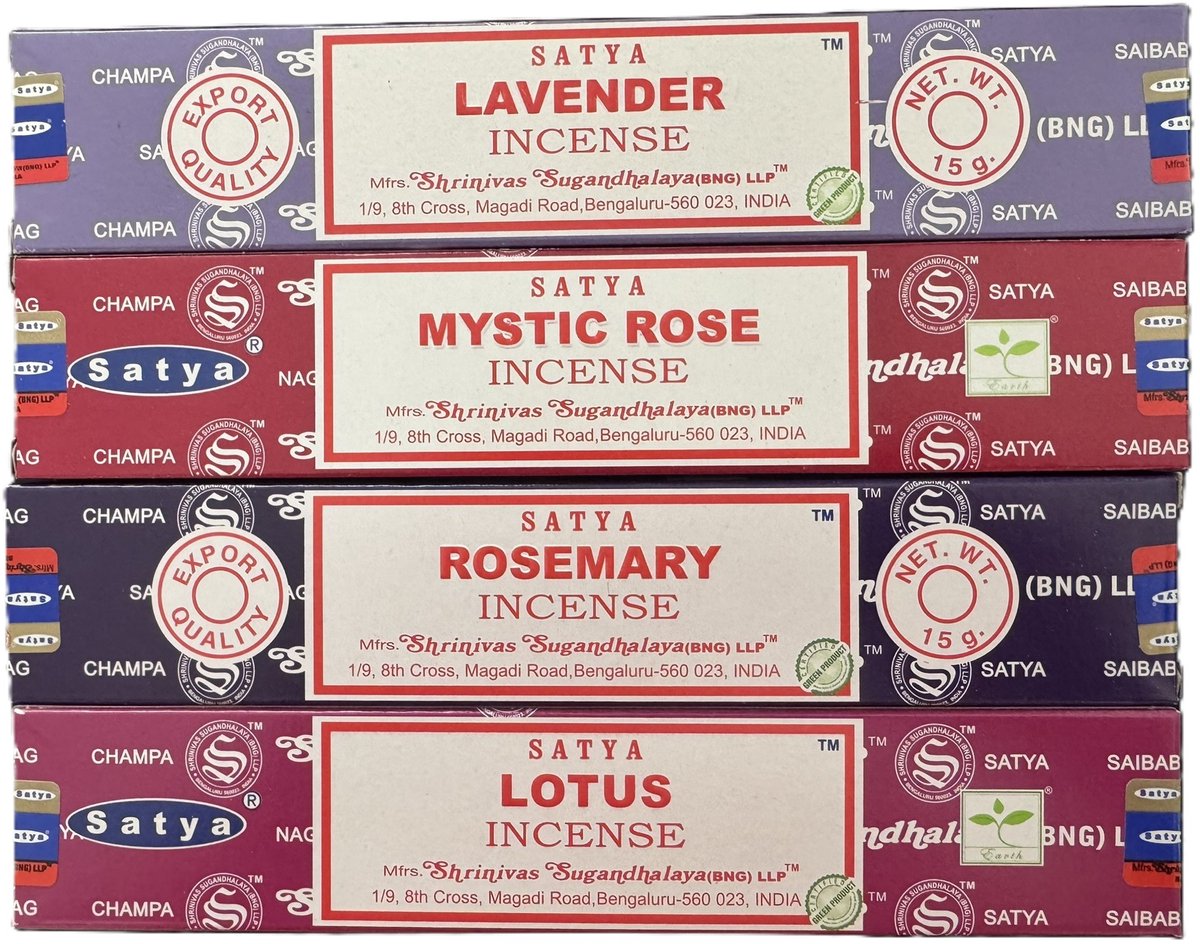 satya - wierook - lavendel - lotus - magic rose - rozemarijn - set van 4 doosjes
