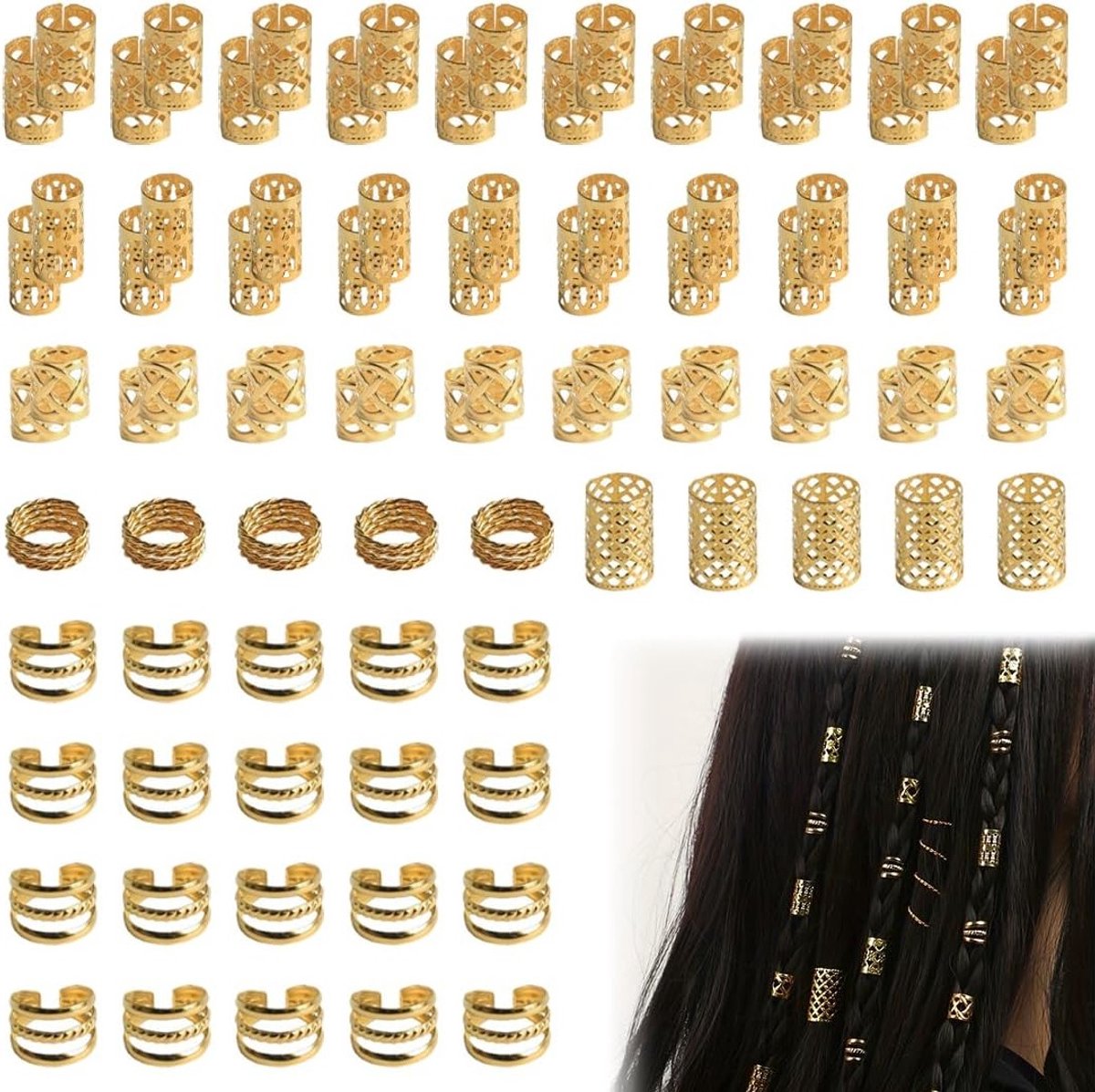 VVGoods - Haaraccessoires set met dreadlock-kralen, spiraalclips en haarsieraden - Vlechtpatroon decoratie voor dames en heren - 90 stuks (goud)