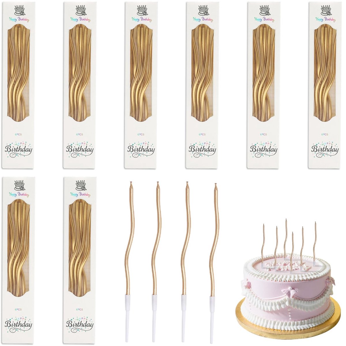 ZEYNOMAX- Verjaardagskaarsen Set van 48 - Elegante Gebogen Kaarsen - Gouden Taartkaarsen - Bruiloft/Jubileum - Feestelijke Tafeldecoratie - Hoogwaardige Paraffinewas