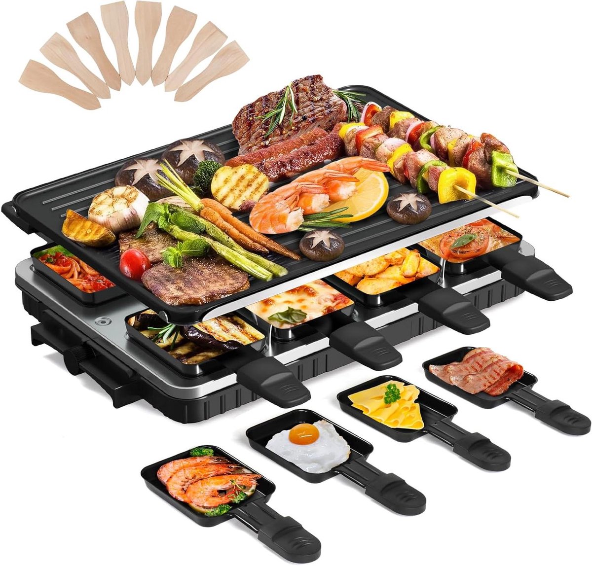 Raclette Grill - Tafelgrill - Gezellig Eten - Omkeerbare Plaat - 8 Personen - Zwart