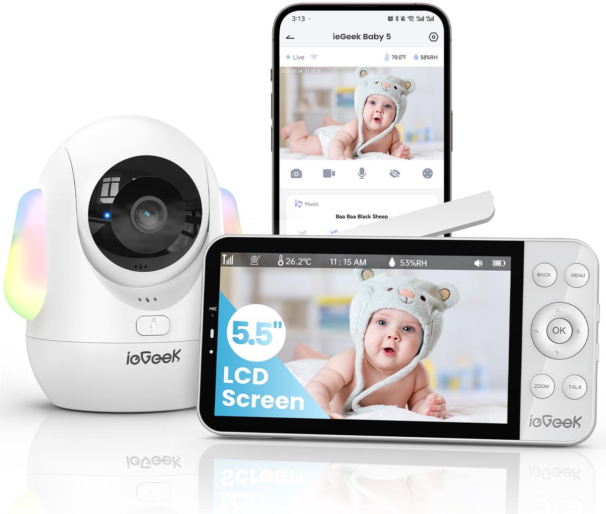 Babyfoon met Camera en App met 2.5K & 4X Zoom 5.5 inch Scherm - 2.5K/4MP PTZ Videobabyfoon met Camera - PTZ 360°/100° - Temperatuursensor, automatische tracking, Nachtzicht, 2-Weg Audio,Automatisch