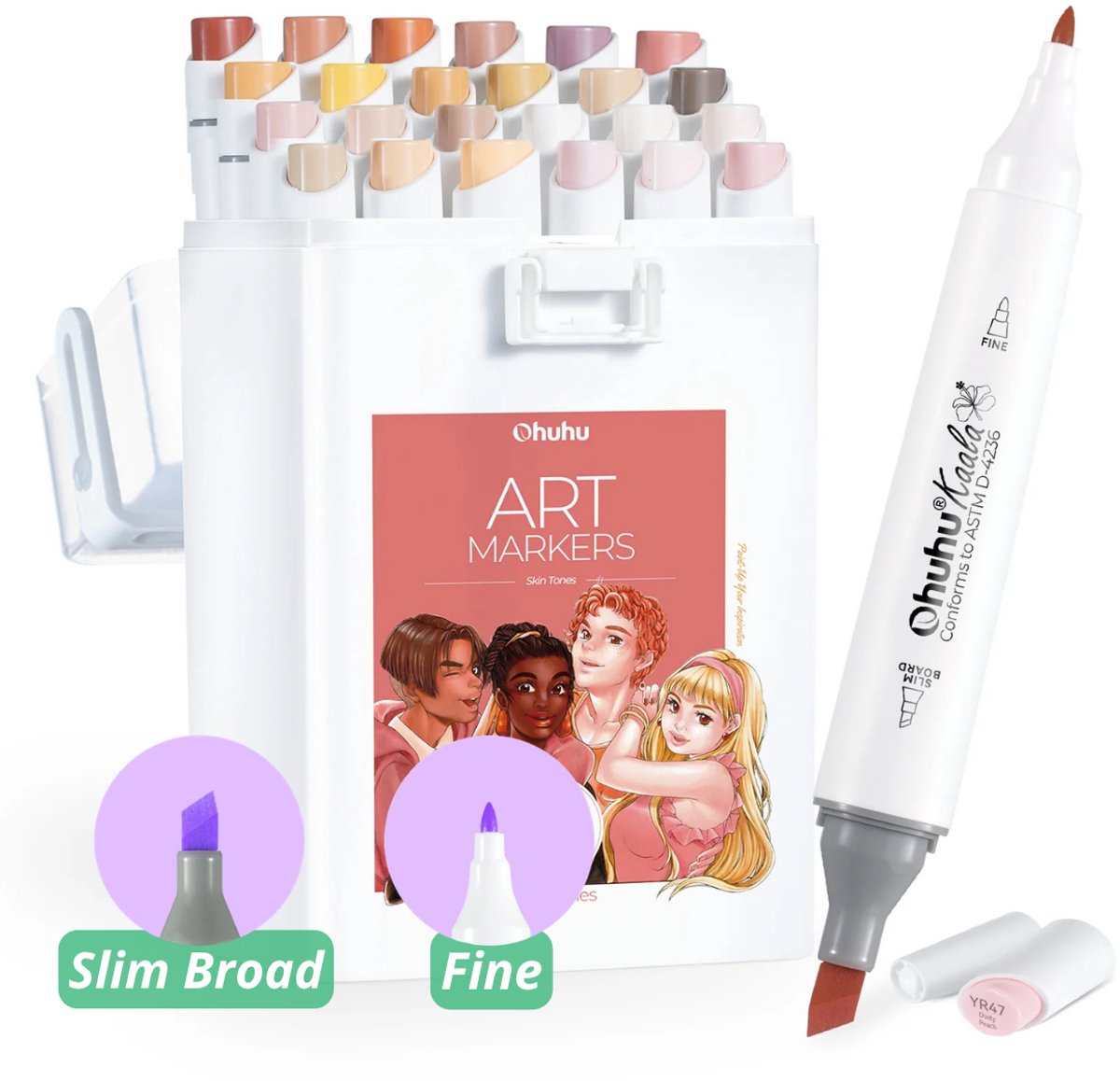 Ohuhu - Kaala Slim Broad & Fine - Alcohol based Art Markers - 24 Skin Tones kleuren