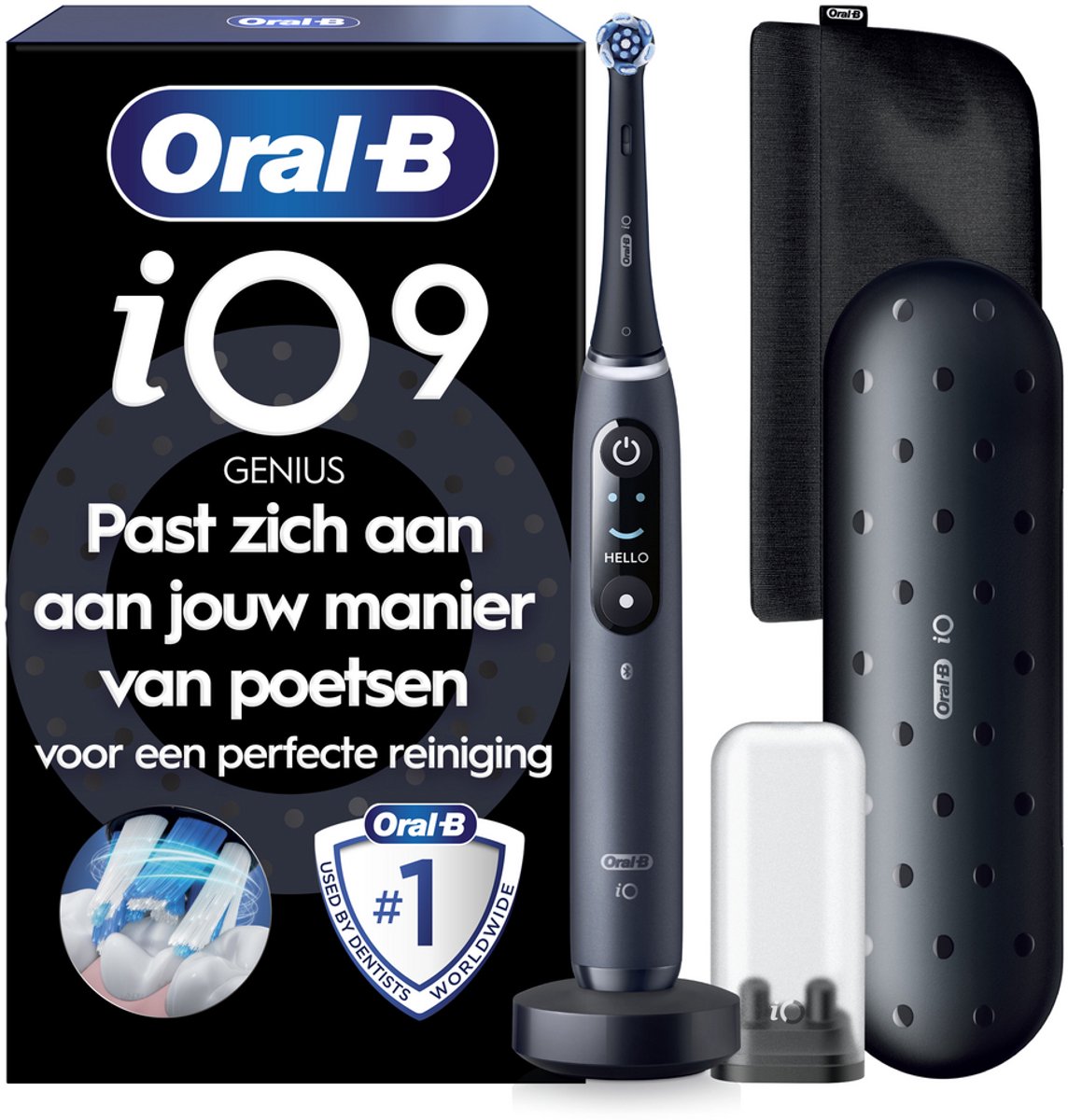 Bol.com Oral-B iO 9 elektrische tandenborstel - zwart - Bluetooth verbonden, 1 opzetborstel, 1 oplader reisetui, 1 magnetisch etui aanbieding
