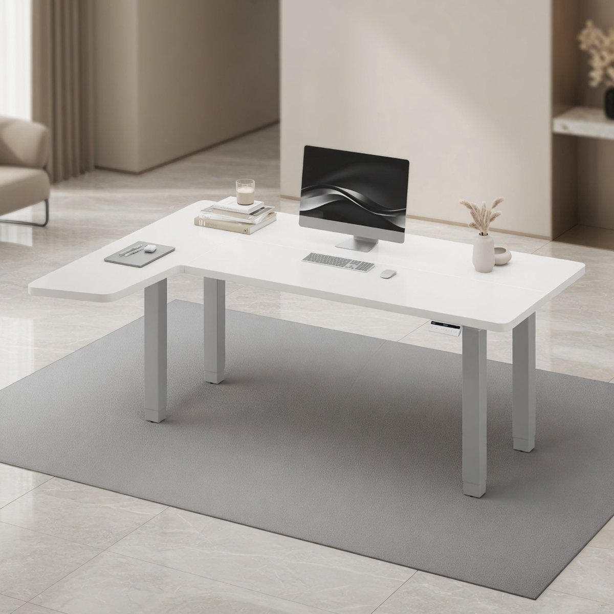 Luxe Elektrisch In Hoogte Verstelbaar L-Vorm Hoekbureau 160x120 cm – Dubbele Motor, 4-Poot Stabiliteit, 160 kg Draagkracht, USB-C & Memory Functie – Mobili Bella