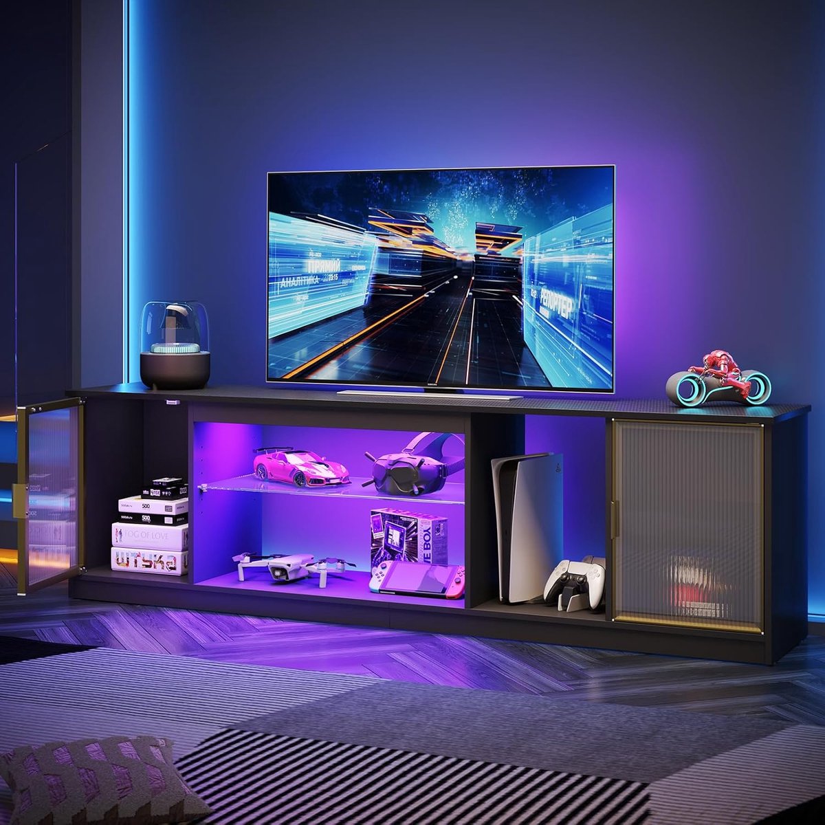 TV meubel 180x35x52 cm – LED entertainment center met acryl deuren & glazen planken – TV kast voor 80 inch PS5 gaming modern design – Urbanhome