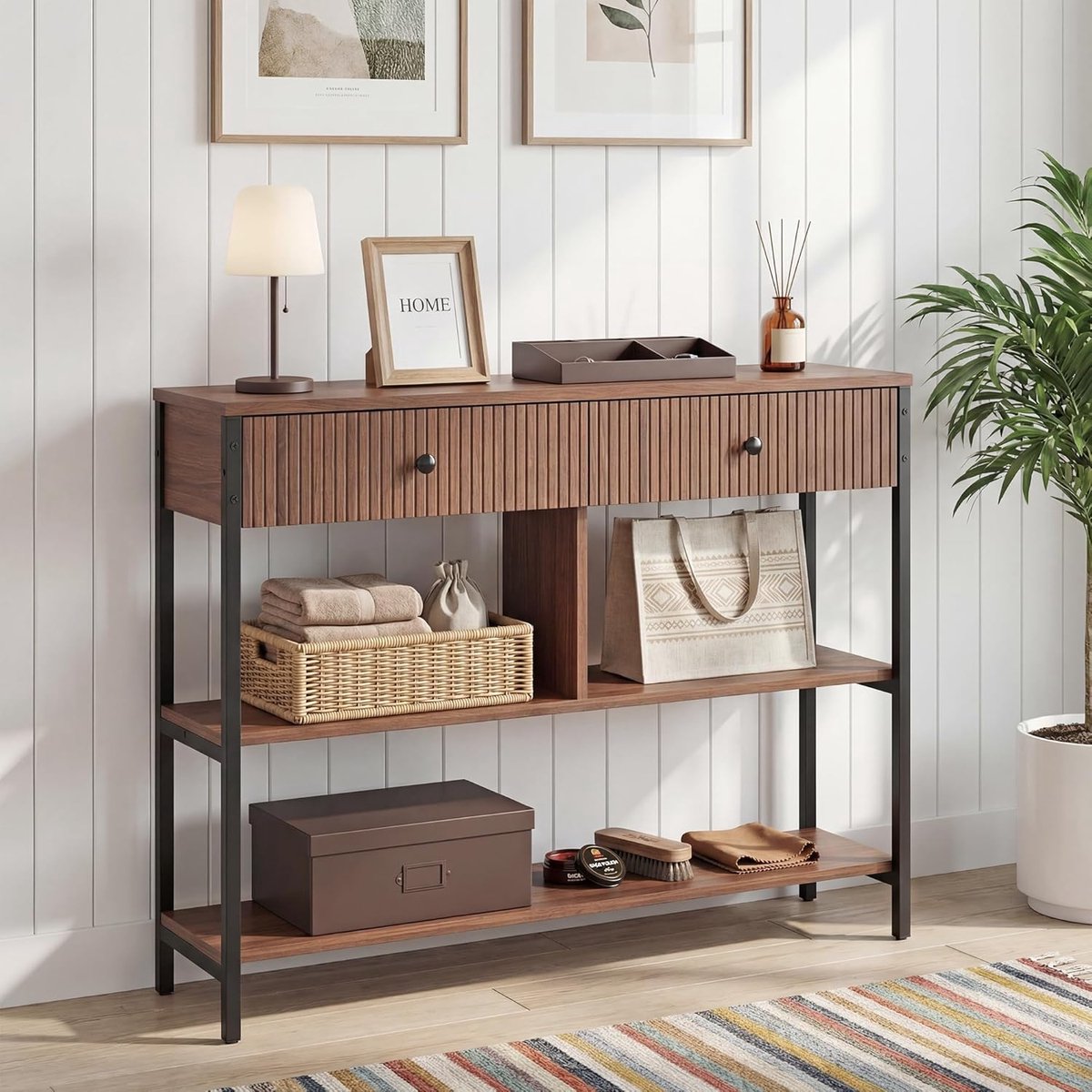 Dressoir Tafel met Laden 100 x 24 x 76 cm Walnoot Smalle Console Tafel met 2 Laden en 2 Planken Moderne Haltafel Opbergkast voor Woonkamer en Slaapkamer Urbanhome