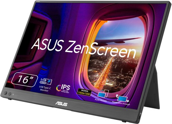16 inch ASUS ZenScreen MB16FC portable monitor USB-C mini-HDMI WUXGA 1920×1200 IPS 16:10 75Hz 5ms flicker-free