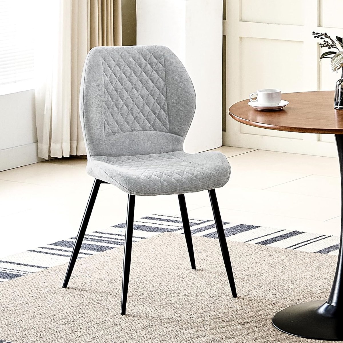 Moderne Luxe Diamond Comfort Eetkamerstoelen Set van 4 – Grijs Linnen Gestoffeerde Keukenstoelen met Metalen Poten en Ergonomisch Design 47x48x87 cm
