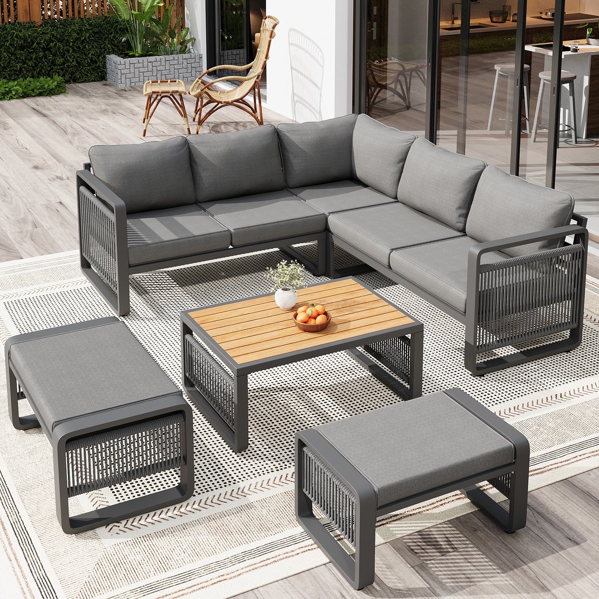 Sweiko Tuinset - Loungeset - Hoekbank + 2 hocker + Salontafel - Modulair meubilair - Met kussens - Metalen frame - Grijs