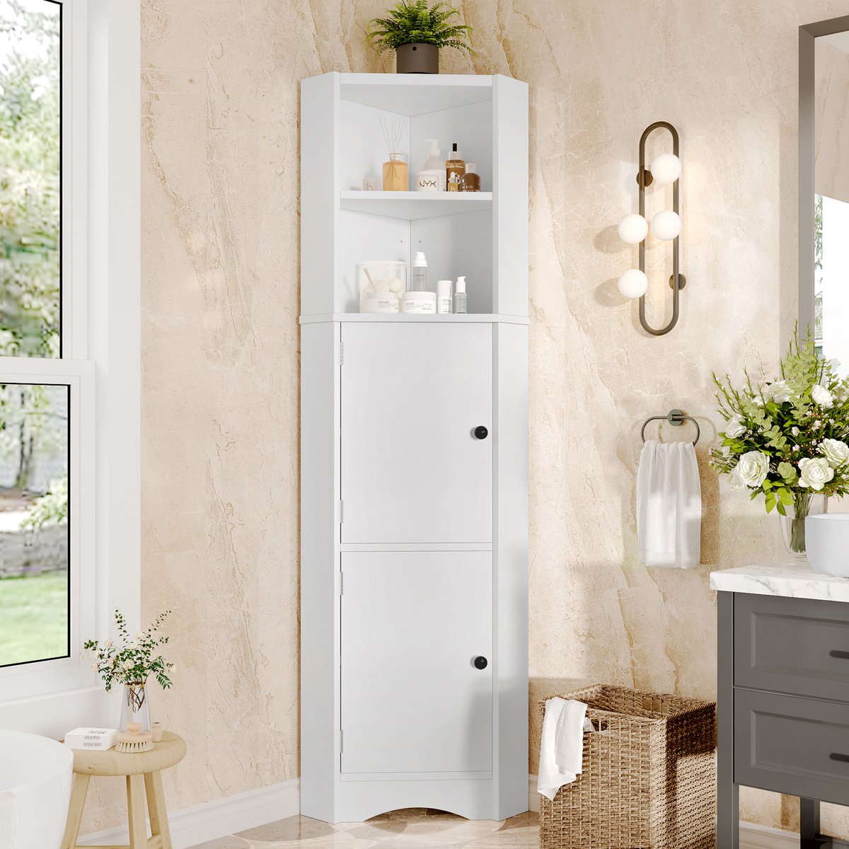 MODENUIT Badkamerkast - Driehoekig Hoekmodel Met 2 Deuren En 2 Open Vakken - Voor Badkamer - Wit MDF - 51,7x32x155,4cm