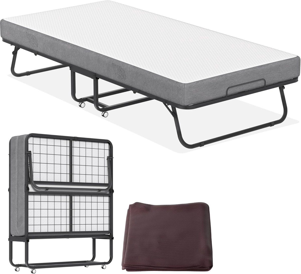 NAIZY Gastenbed 200 x 90cm – Opvouwbaar Bedframe met 13cm Dikke Sponsmatras & 4 Wielen, Draagbaar Reisbed, Kampbed, Metalen Bed, Maximaal Belastbaar Tot 200kg – NAIZY zwart-wit