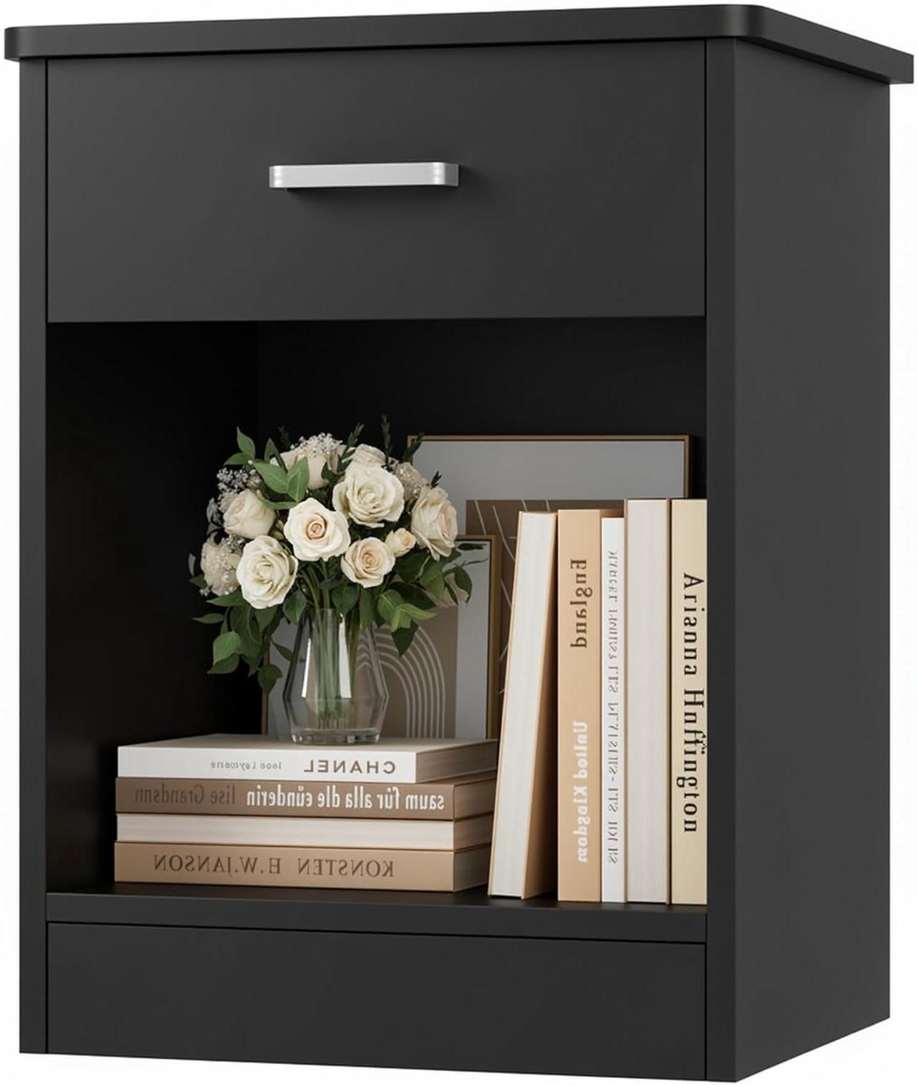 Nachtkastje met lade - Bijzettafel - Slaapkamer organiseren - Twee opbergniveaus - 23.6 inch hoog - Zwart