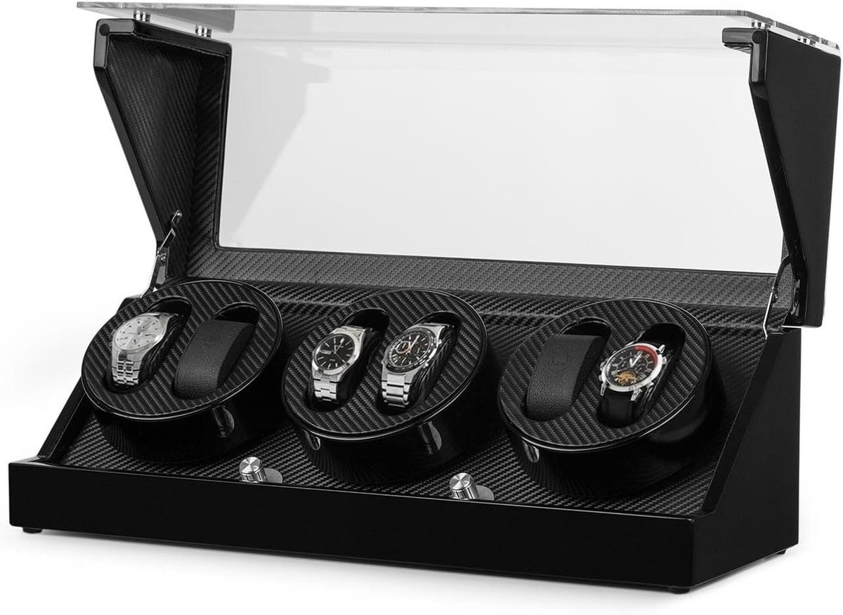 Opwindbox Horloges - Horlogehouder Automatisch - Horloges Presenteren - Ruimte voor Zes Stukken - 48 cm Breed - Zwart