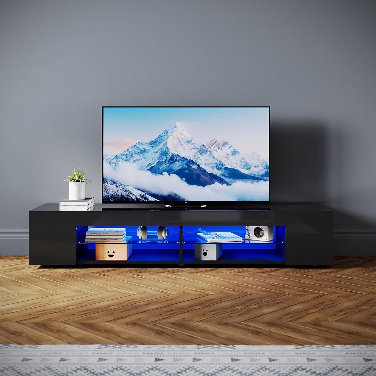 TV meubel 180 cm – Hoogglans zwart lowboard met LED verlichting (16 kleuren) – TV kast met glazen planken voor 65 inch & kabelmanagement – Urbanhome