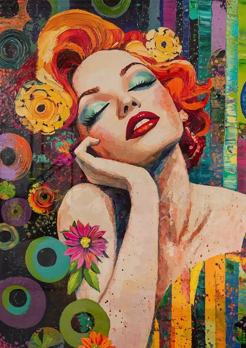 Yourwallarts.com - Wandpaneel - Canvas - Glamoureuze Vrouw Met Rood Haar Kleurrijke Pop Art Retro Sch