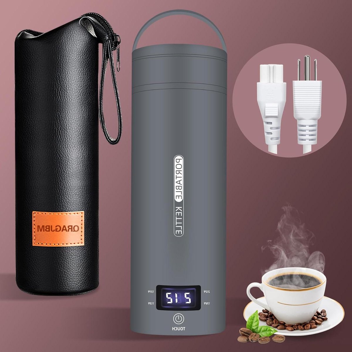 Draagbare Reiswaterkoker - Mini Theepot - Onderweg Koffie Zetten - 4 Temperatuurstanden - 450 ml - Grijs