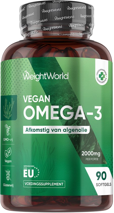 Fles WeightWorld Vegan Omega-3 Algenolie. Met informatie over vegan, GMO-vrij, glutenvrij, EU geproduceerd.