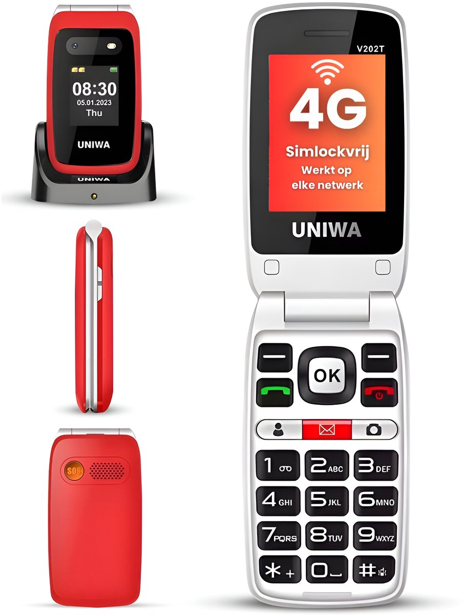 4G Senioren Mobiele Telefoon – Klaptelefoon met Grote Toetsen – SOS Noodknop – Dubbel Scherm – Simlockvrij Rood