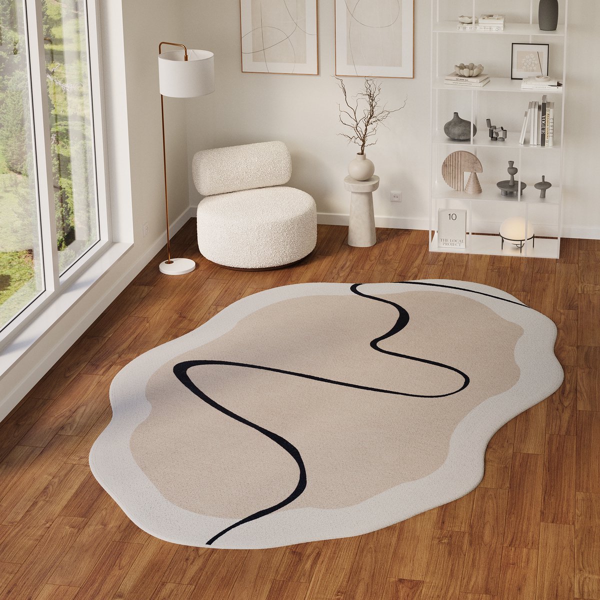 Tapiso Wisp Vloerkleed Organische Vorm – Beige Laagpolig Abstract Lijnpatroon – Tapijt Woo