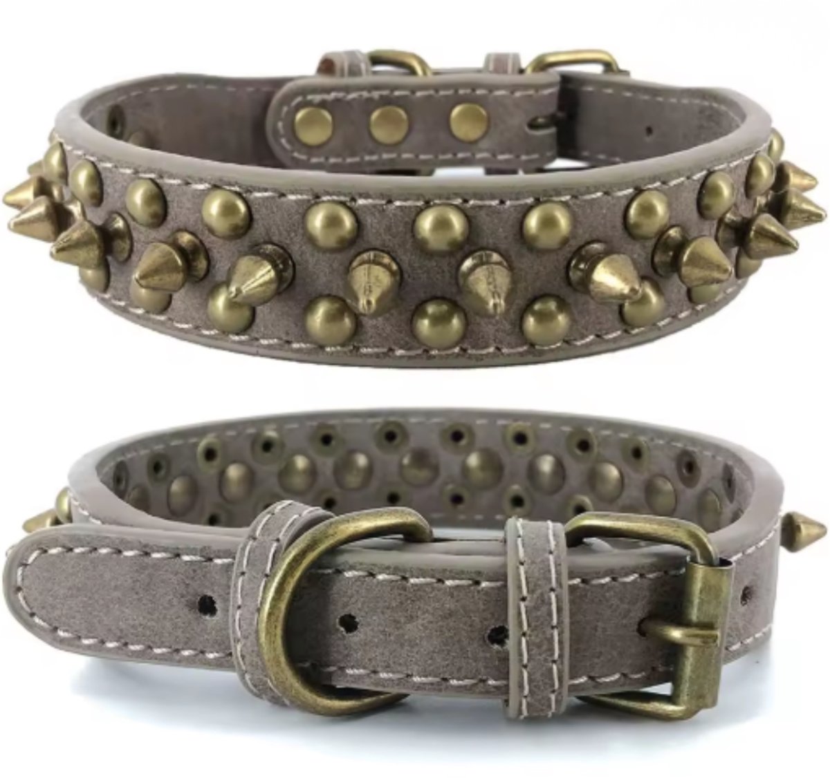 Luxe Leren Hondenhalsband met Studs | Honden Halsband met Gouden Studs | Grijs | Maat M | Premium Studs Hondenhalsband | Petshop Seven®