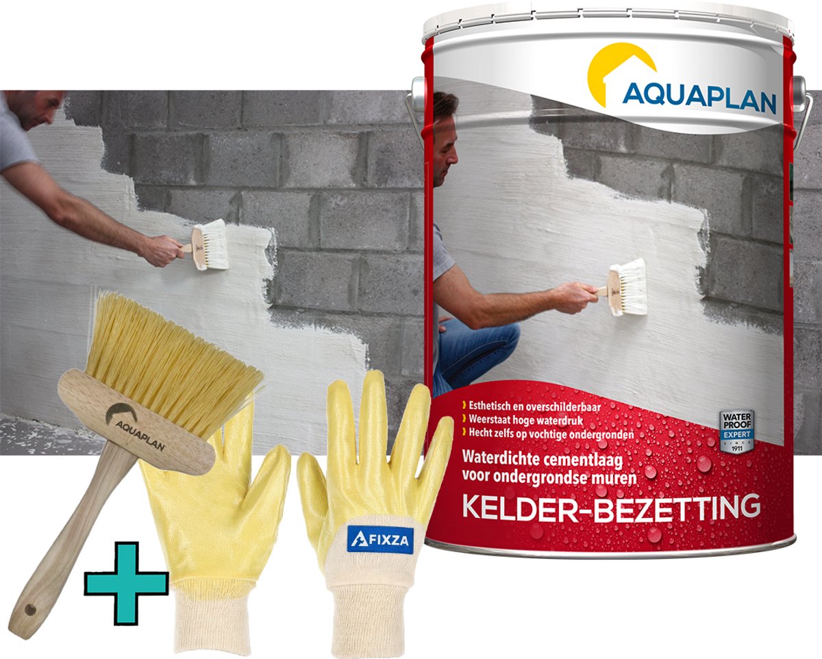 Aquaplan Kelder-Bezetting – set – Waterdichte Cementcoating voor Keldermuren – Bestand tegen Waterdruk – Voor Vochtige Ondergronden 20 kg
