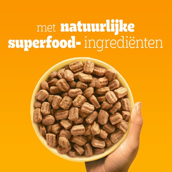 Hand die een schaal met Pedigree hondenbrokken met gevogelte en groenten vasthoudt.