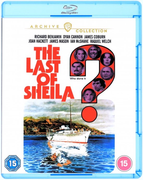 De voorkant van de Blu-ray-hoes voor 'The Last of Sheila', met een vraagteken met foto's van de cast en een schip op zee.