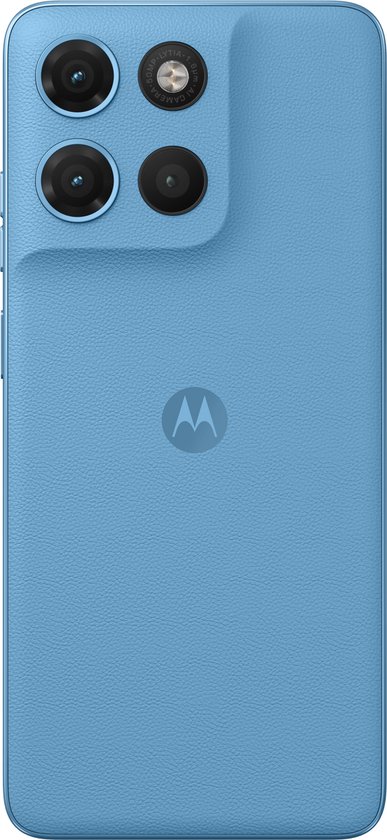 Achterkant van de blauwe Motorola Moto G17 Power telefoon met dubbele camera en Motorola logo.