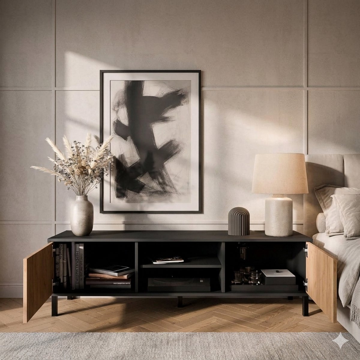 TV Meubel 150x38x44,5 cm Staand met Deur en Open Vakken – Modern TV Dressoir in Anthraciet Wit Geribbeld met Kabelmanagement voor 50–70 Inch Televisies – Urbanhome